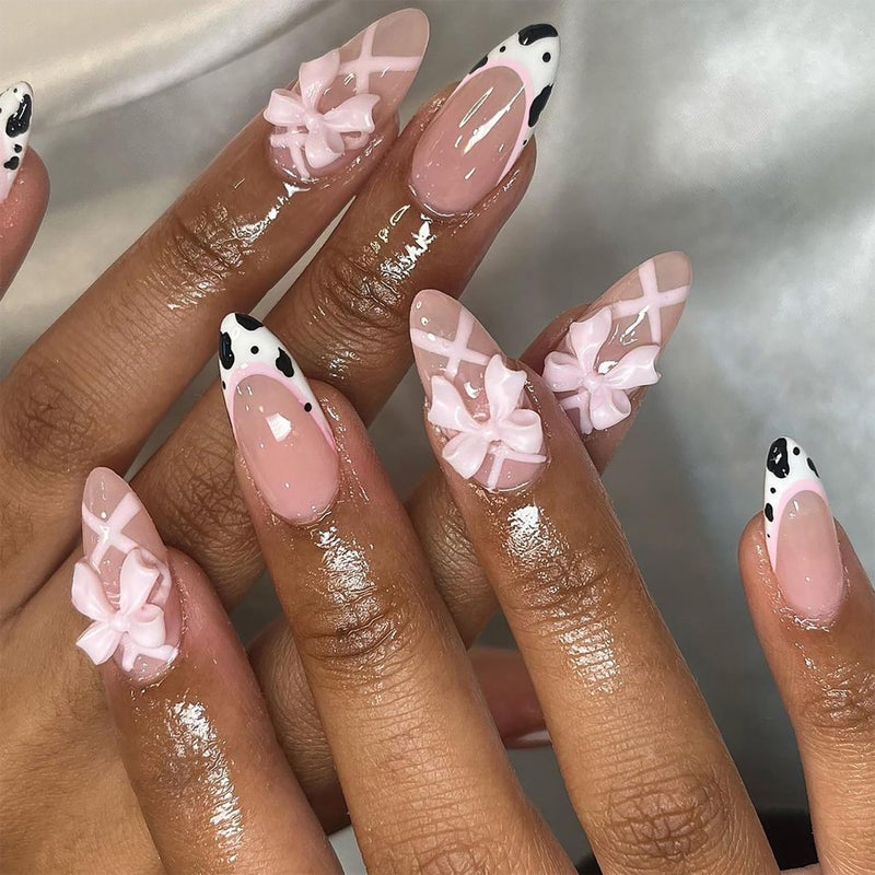 ASABITE 24 Pcs Pink Almond Press on Nails Short Medium Fake Nails with Glue, Reusable Press on Nails Acrylic Artificial Nails, Cute French Tip False Nails with Bow Cow Pattern Design Almond Nails for Women - Image 1